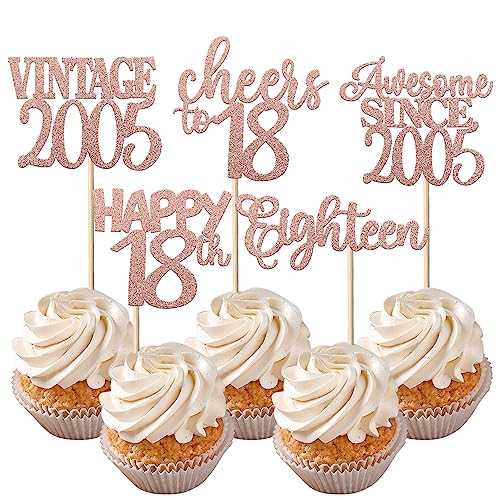 30 Stück Vintage 2005 Cupcake-Topper Glitzer Happy 18th Eighteen Awesome Since 2005 Cupcake-Picks 18 fabelhafte Kuchendekorationen für 18. Geburtstag, Hochzeitstag, Partyzubehör, Roségold von YCTHUNFISH