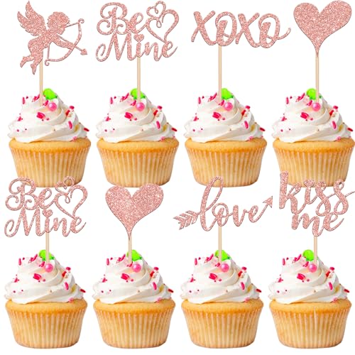 36 Stück Valentinstag Cupcake Toppers Glitter Love Kiss Me Cupid Be Mine Cupcake Picks Valentinstag Thema Hochzeit Brautparty Geburtstag Party Kuchen Dekorationen Supplies Rose Gold von YCTHUNFISH