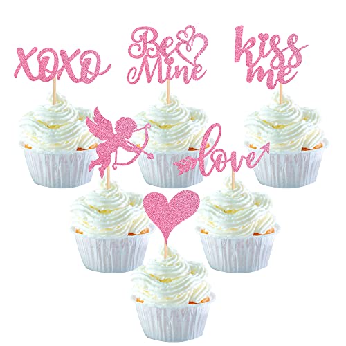 36 Stück Valentinstag Cupcake Toppers Glitter Sweet Love Kiss Me Cupid Be Mine Cupcake Picks Valentinstag Thema Hochzeit Brautparty Geburtstag Party Kuchen Dekorationen Supplies Rosa von YCTHUNFISH