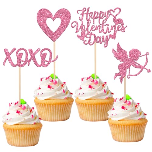 48 Stück Happy Valentine's Day Cupcake Toppers Glitter XOXO Amor Sweet Love Cupcake Picks Valentinstag Thema Hochzeit Brautparty Geburtstag Party Kuchen Dekorationen Supplies Rosa von YCTHUNFISH