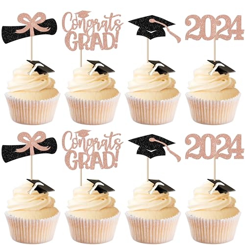 Cupcake-Aufsätze für 2024, glitzernde Cupcake-Aufsätze, Klasse 2024, Cupcake-Picks, Diplom Done Congrats Grad 2024, Cupcake-Dekorationen für 2024, Abschlussfeier, Mottoparty, Zubehör, Roségold 2 von YCTHUNFISH