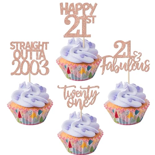 Cupcake-Topper mit Aufschrift "Cheers to 21 Years", glitzernd, 24 Stück, glatt, Outta 2002 Cupcake-Picks, Happy 21st Cake Dekorationen für Happy 21st Birthday Anniversary Party Supplies Rose Gold von YCTHUNFISH