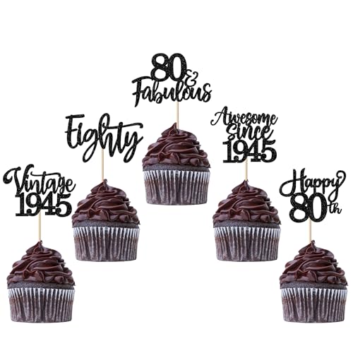 e 1944 Cupcake Toppers Glitter Happy 80th Eighty Awesome Since 1944 Cupcake Picks 80 Fabulous Cake Decorations for 80th Birthday Wedding Anniversary Party Supplies Black von YCTHUNFISH