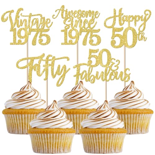 e 1974 Cupcake Toppers Glitter Happy 50th Thirty Awesome Since 1974 Cupcake Picks 50 Fabulous Cake Decorations for 50th Birthday Wedding Anniversary Party Supplies Gold von YCTHUNFISH