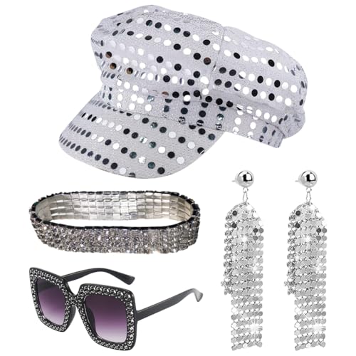 YCVBCY 4 Stück 70er Jahre Disco Zubehör,Disco Accessoires 70er Jahre Kostüm Glitzer Baskenmütze Disco Hut Pailletten Stulpen Disco Brille Sonnenbrille Discokugel Armband und Stirnband für Damen von YCVBCY