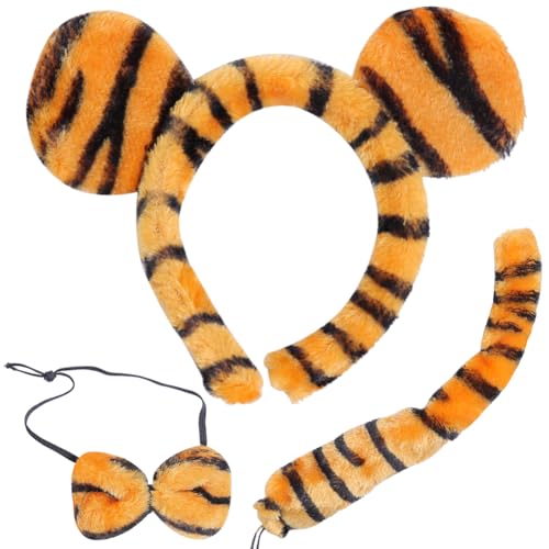 YCVBCY Halloween Tiger Kopfschmuck, 3 Stück Tiger Kostüm mit Tigerohren Kopfbedeckung, Krawatte und Schwanz für Kinder Männer Frauen Halloween Mardi Gras Party Dress Up von YCVBCY