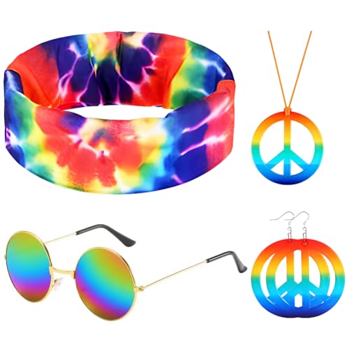 YCVBCY Hippie Kostüm, 60er 70er Kostüm Zubehör, 4 Stück Friedenszeichen 60er Jahre Zubehör Set, mit Peace Zeichen Halskette Halskette und Ohrringe,Sonnenbrille und Buntes Hippie Stirnband von YCVBCY