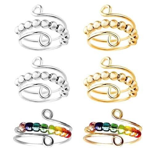 6 Stück Stress Ring Fidget Angst Ring Spinner Ring Mit Perlen Verstellbare Anxiety Ring Gold/Silber Ringe Set Für Erwachsene Damen Herren Anti Stress Ängstlichkeit Entlastung von YCZCHE14