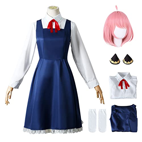 YEAJION Anya Forger Cosplay Kostüm mit Perücke Anime Spy X Family Cosplay Kostüm Anya Cosplay Outfit Halloween Karneval Party Bühnenauftritt Kostüm für Erwachsene von YEAJION