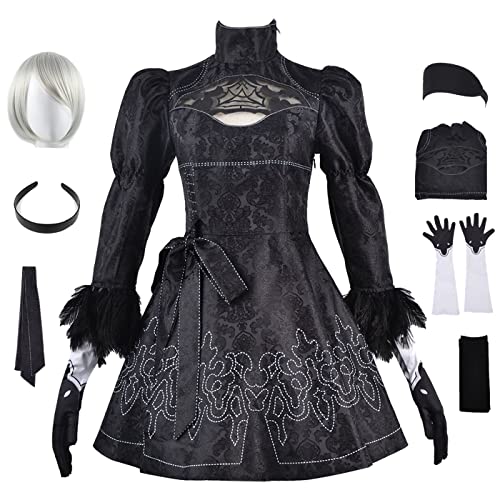 YEAJION Automata 2B Cosplay Kostüm Komplettes Set mit Perücke NieR 2B Verkleidung YoRHa 2B Cosplay Schwarzes Gothic Kleid Halloween Karneval Party Bühnenauftritt Kostüm Erwachsene von YEAJION