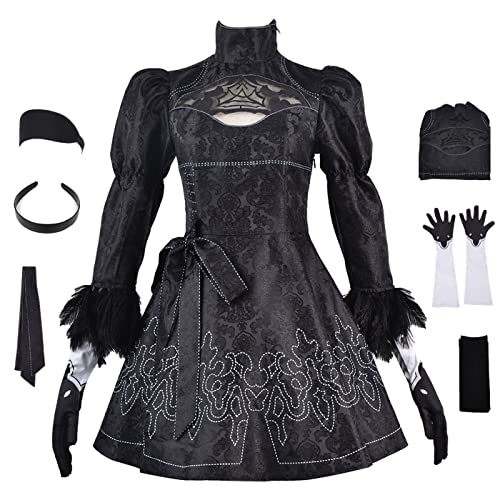 YEAJION Automata 2B Cosplay Kostüm Komplettes Set mit Perücke NieR 2B Verkleidung YoRHa 2B Cosplay Schwarzes Gothic Kleid Halloween Karneval Party Bühnenauftritt Kostüm Erwachsene von YEAJION