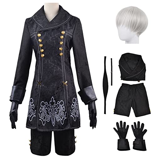 YEAJION Automata 9S Cosplay Kostüm Komplettes Set mit Perücke NieR 9S Verkleidung YoRHa 9S Cosplay Schwarzes Gothic Uniform Halloween Karneval Party Bühnenauftritt Kostüm Erwachsene von YEAJION