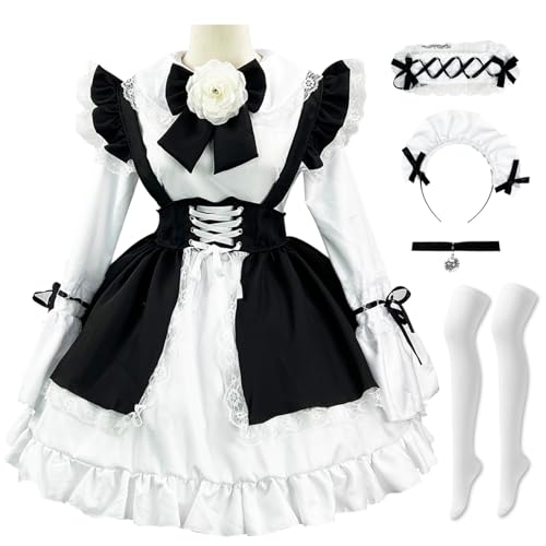 YEAJION Britisches Maid Dress Damen Anime Outfit Maid Kleid Niedliche Lolita Kleid Dienstmädchen Kostüm für Café Restaurant Halloween Karneval Cosplay Maid Kostüm Komplettes Set Größe S-5XL von YEAJION