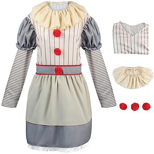 YEAJION Clown Kostüm Damen Cosplay IT Pennywise Clown Costume Halloween Nachtmörder Terror Scary Clown Outfits und Masken Verkleidung Karneval Geburtstag Maskerade Party Bekleidung für Erwachsene von YEAJION