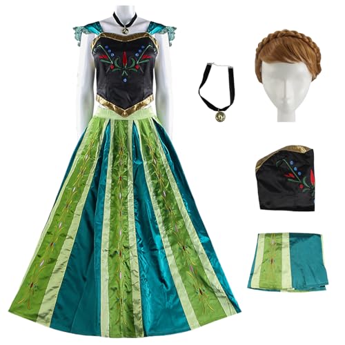 YEAJION Damen Anna Prinzessin Kleid mit Perücke Schneekönigin Verkleidung Prinzessin Anna Cosplay Kostüm Weihnachten Halloween Karneval Party Bühnenauftritt Kostüm für Erwachsene von YEAJION