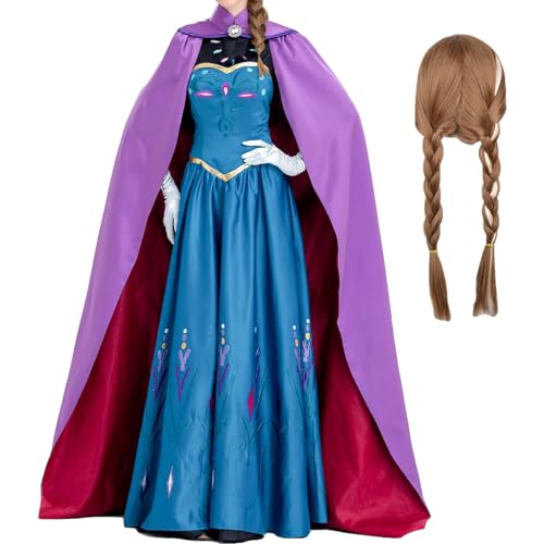 YEAJION Damen Anna Prinzessin Kleid mit Perücke Schneekönigin Verkleidung Prinzessin Anna Cosplay Kostüm Weihnachten Halloween Karneval Party Bühnenauftritt Kostüm für Erwachsene von YEAJION