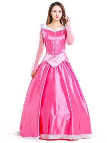 YEAJION Damen Aurora Prinzessin Kleid Dornröschen Verkleidung Prinzessin Kostüm Rosa Weihnachten Halloween Karneval Party Bühnenauftritt Kostüm für Erwachsene von YEAJION