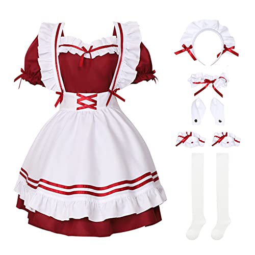 YEAJION Damen French Maid Dress Anime Maid Cosplay Kleid 7pcs Set Niedliche Lolita Kleid Dienstmädchen Kostüm für Café Restaurant Halloween Karneval Maid Kostüm Outfit Set von YEAJION