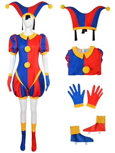 YEAJION Damen Pomni Cosplay Kostüm Set Anime The Amazing Digital Circus Verkleidung Pomni Cosplay Clown Costume Halloween Karneval Weihnachten Party Bühnenauftritt Kostüm für Erwachsene von YEAJION