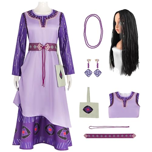 YEAJION Damen Prinzessin Asha Kleid mit Zubehör Perücke Wish Asha Verkleidung Prinzessin Asha Cosplay Kostüm Weihnachten Halloween Karneval Party Bühnenauftritt Kostüm für Erwachsene von YEAJION