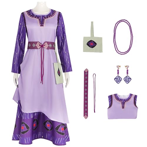 YEAJION Damen Prinzessin Asha Kleid mit Zubehör Perücke Wish Asha Verkleidung Prinzessin Asha Cosplay Kostüm Weihnachten Halloween Karneval Party Bühnenauftritt Kostüm für Erwachsene von YEAJION