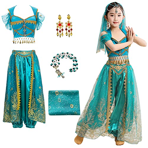 YEAJION Damen Prinzessin Jasmin Kostüm mit Zubehör Prinzessin Aladdin Cosplay Kostüm Bauchtanz Outfit Halloween Karneval Party Bühnenauftritt Kostüm für Erwachsene von YEAJION