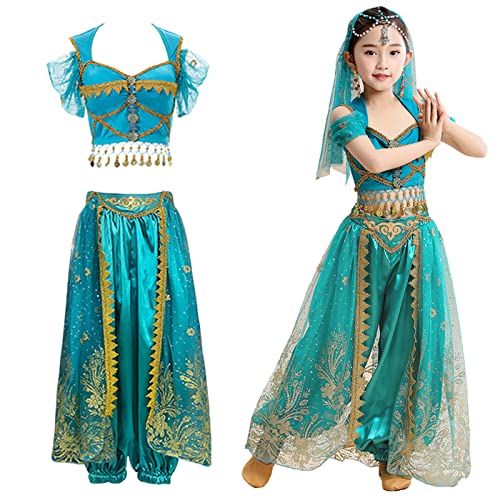 YEAJION Damen Prinzessin Jasmin Kostüm mit Zubehör Prinzessin Aladdin Cosplay Kostüm Bauchtanz Outfit Halloween Karneval Party Bühnenauftritt Kostüm für Erwachsene von YEAJION