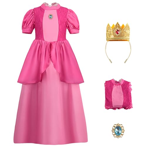 YEAJION Damen Prinzessin Peach Kleid mit Zubehör Perücke Peach Cosplay Verkleidung Prinzessin Kostüm Rosa/Weiß Weihnachten Halloween Karneval Party Bühnenauftritt Kostüm für Erwachsene von YEAJION