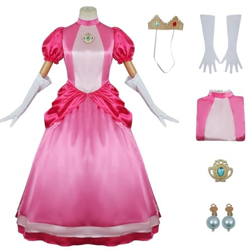 YEAJION Damen Prinzessin Peach Kleid mit Zubehör Perücke Peach Cosplay Verkleidung Prinzessin Kostüm Rosa Weihnachten Halloween Karneval Party Bühnenauftritt Kostüm für Erwachsene von YEAJION