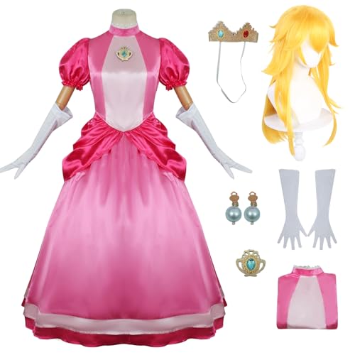 YEAJION Damen Prinzessin Peach Kleid mit Zubehör Perücke Peach Cosplay Verkleidung Prinzessin Kostüm Rosa Weihnachten Halloween Karneval Party Bühnenauftritt Kostüm für Erwachsene von YEAJION