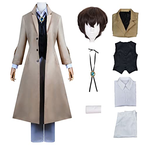 YEAJION Dazai Osamu Cosplay Kostüm Komplettes Set mit Perücke Anime Bungo Stray Dogs Cosplay Verkleidung Osamu Dazai Uniform Halloween Karneval Party Bühnenauftritt Kostüm Erwachsene von YEAJION