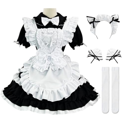 YEAJION French Maid Dress Damen Anime Outfit Maid Cosplay Kleid Niedliche Lolita Kleid Dienstmädchen Kostüm für Café Restaurant Halloween Karneval Maid Kostüm Komplettes Set Größe S-5XL von YEAJION