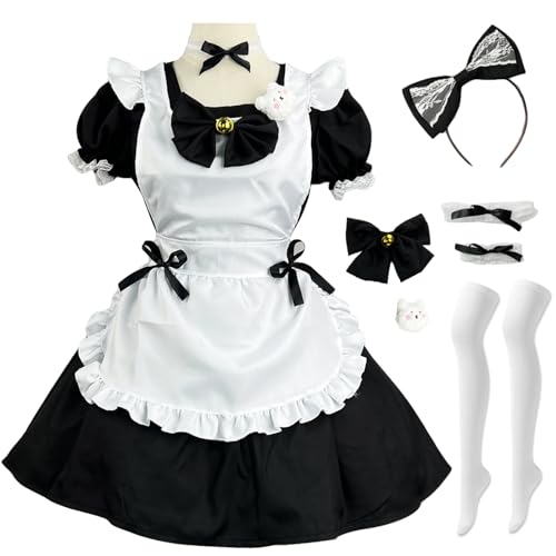 YEAJION French Maid Dress Damen Anime Outfit Maid Kleid Niedliche Lolita Kleid Dienstmädchen Kostüm für Café Restaurant Halloween Karneval Cosplay Maid Kostüm Komplettes Set Größe S-5XL von YEAJION