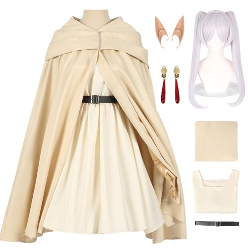 YEAJION Frieren Cosplay Kostüm Set mit Perücke Anime Frieren at the Funeral Verkleidung Frieren Cosplay Costume Halloween Karneval Weihnachten Party Bühnenauftritt Kostüm für Erwachsene von YEAJION