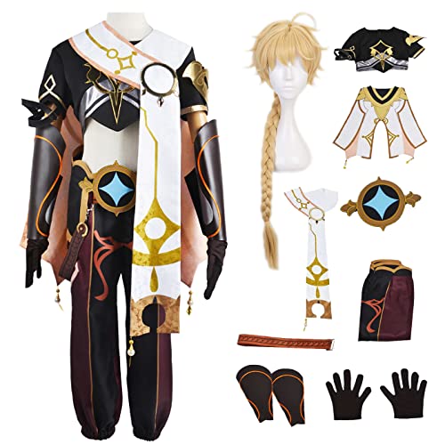 YEAJION Genshin Impact Aether Cosplay Kostüm Komplettes Set mit Perücke Genshin Traveler Cosplay Verkleidung Aether Cosplay Uniform Halloween Karneval Party Bühnenauftritt Kostüm Erwachsene von YEAJION