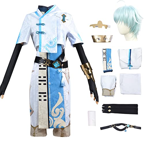 YEAJION Genshin Impact Chongyun Cosplay Kostüm Komplettes Set mit Perücke Genshin Cosplay Verkleidung Chongyun Cosplay Uniform Halloween Karneval Party Bühnenauftritt Kostüm Erwachsene von YEAJION