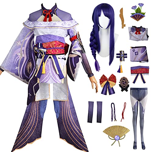 YEAJION Genshin Impact Cosplay Raiden Shogun Kostüm Komplettes Set mit Perücke Genshin Beelzebul Cosplay Verkleidung Raiden Ei Cosplay Kimono Halloween Karneval Party Kostüm Erwachsene von YEAJION