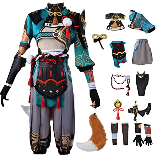 YEAJION Genshin Impact Gorou Cosplay Kostüm Komplettes Set mit Perücke Schwänze Genshin Gorou Cosplay Verkleidung Gorou Cosplay Uniform Halloween Karneval Party Bühnenauftritt Kostüm Erwachsene von YEAJION