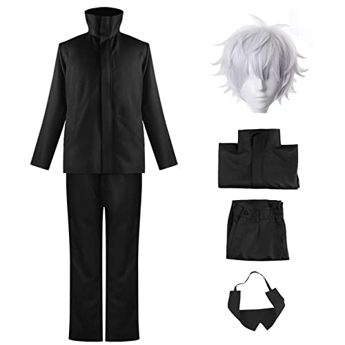 YEAJION Gojo Satoru Cosplay Kostüm Komplettes Set mit Perücke Anime Jujutsu Kaisen Cosplay Verkleidung Satoru Gojo Cosplay Uniform Halloween Karneval Party Kostüm Erwachsene von YEAJION