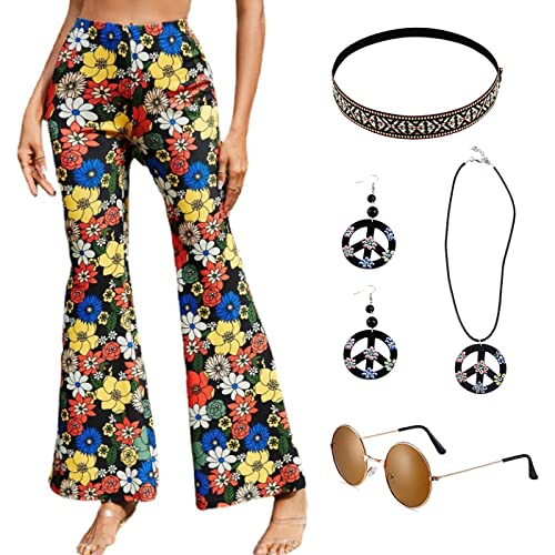 YEAJION Hippie Kostüm Damen Schlaghose 60er 70er Jahre Verkleidung Retro Disco Outfit Hippie Kleidung mit Hippie Accessoires Halloween Party Karneval Faschingskostüme von YEAJION