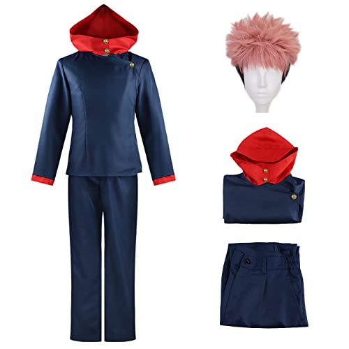 YEAJION Komplettes Cosplay Set mit Perücke: Itadori Yuji Kostüm für Männer - Anime Jujutsu Kaisen - Schuluniform Halloween Karneval Party Kostüm für Erwachsene von YEAJION