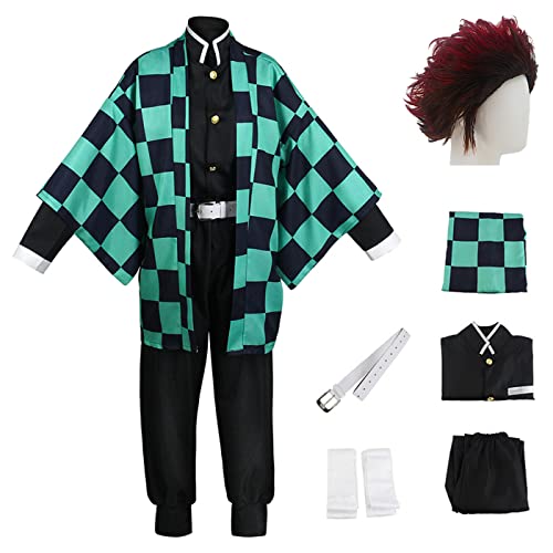 YEAJION Kamado Tanjirou Cosplay Kostüm mit Perücke Demon Slayer Kostüm Anime Cosplay Kostüm Kimetsu no Yaiba Kimono Set Halloween Karneval Party Bühnenauftritt Kostüm Erwachsene Damen Herren von YEAJION