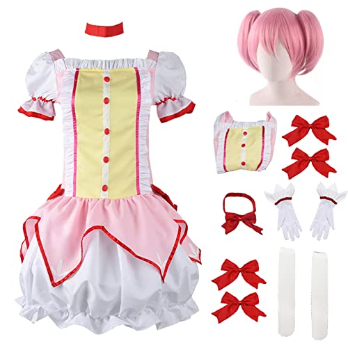 YEAJION Kaname Madoka Cosplay Kostüm Komplettes Set mit Perücke Anime Puella Magi Madoka Magica Cosplay Verkleidung Madoka Uniform Halloween Karneval Party Bühnenauftritt Kostüm Erwachsene von YEAJION