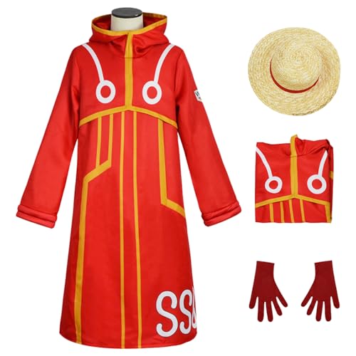 YEAJION Luffy Cosplay Kostüm Set mit Hut Anime One Piece Egghead Cosplay Luffy Verkleidung Monkey D. Luffy Outfit Rot Halloween Karneval Weihnachten Party Bühnenauftritt Kostüm für Erwachsene von YEAJION