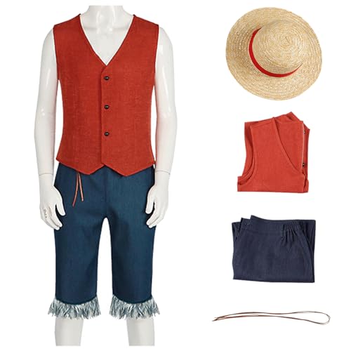 YEAJION Luffy Cosplay Kostüm Set mit Hut Anime One Piece Verkleidung Live Action Film Outfit Monkey D. Luffy Cosplay Halloween Karneval Party Kostüm für Erwachsene von YEAJION