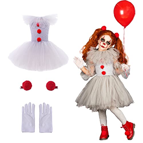 YEAJION Mädchen Clowns Kostüm mit Zubehör Kinder Halloween Kostüm Joker Verkleidung Clown Girl Cosplay Kleid Tüll Prinzessin Kleid Geburtstag Party Weihnachten Halloween Karneval Kleid von YEAJION