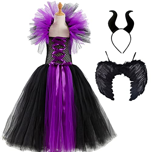 YEAJION Mädchen Malefiz Kostüm mit Hörner Flügel Kinder Halloween Kostüm Schwarze Hexen Verkleidung Hexen Cosplay Kleid Tüll Prinzessin Kleid Geburtstag Party Weihnachten Halloween Karneval Kleid von YEAJION