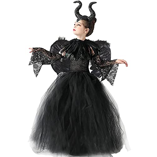 YEAJION Mädchen Malefiz Kostüm mit Hörner Flügel Kinder Halloween Kostüm Schwarze Hexen Verkleidung Hexen Cosplay Kleid Tüll Prinzessin Kleid Geburtstag Party Weihnachten Halloween Karneval Kleid von YEAJION