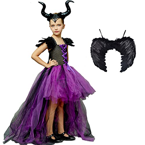 YEAJION Mädchen Malefiz Kostüm mit Hörner Flügel Kinder Halloween Kostüm Schwarze Hexen Verkleidung Hexen Cosplay Kleid Tüll Prinzessin Kleid Geburtstag Party Weihnachten Halloween Karneval Kleid von YEAJION