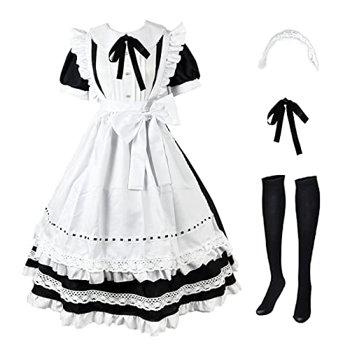 YEAJION Maid Dress Anime Maid Kleid Tradition Britisches Dienstmädchen Kostüm Niedliche Lolita Kleid Halloween Karneval Party Cosplay Maid Kostüm Lang von YEAJION